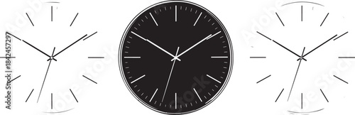An illustration showing three minimalist clocks with black and white faces
