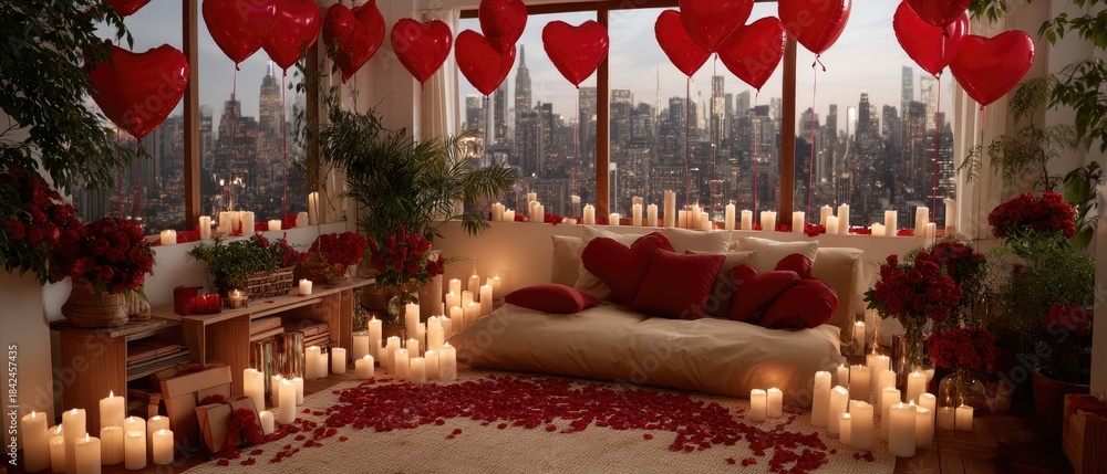 Obraz premium Rooftop terrace with romantic setup for Valentine's Day celebration featuring city lights and heart-shaped decorations