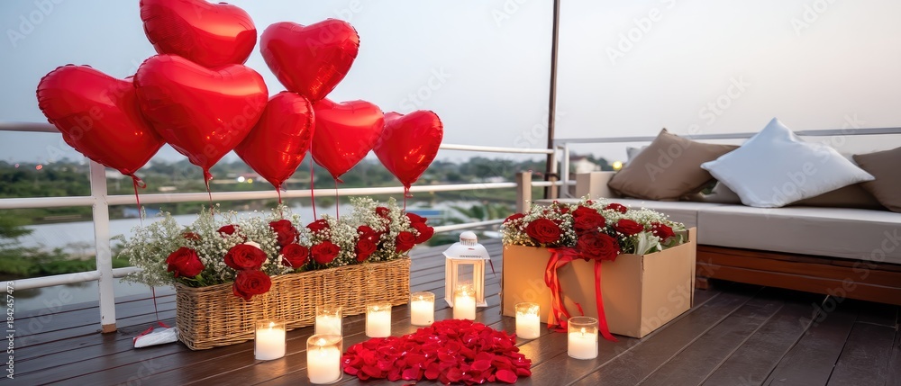 Obraz premium Rooftop terrace with city lights and decorations for Valentine's Day featuring balloons, flowers, and candles during dusk