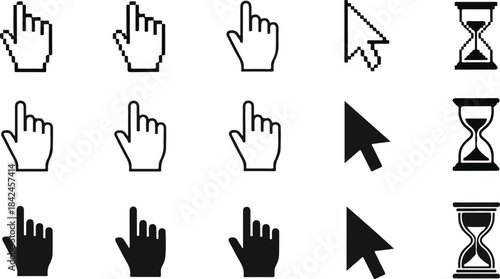 Set of black cursor icons isolated on transparent background