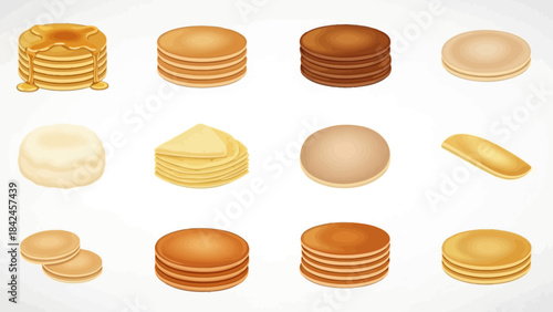 Assorted Pancakes with Various Toppings Stack on White Background