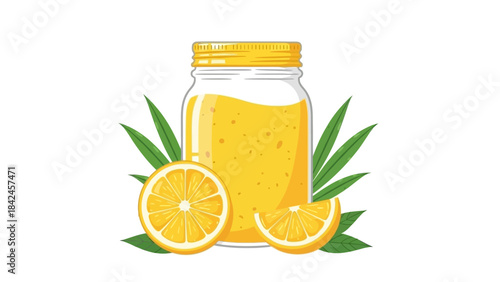 Jar of Lemon Juice with Lemon Slices and Leaves on White Background
