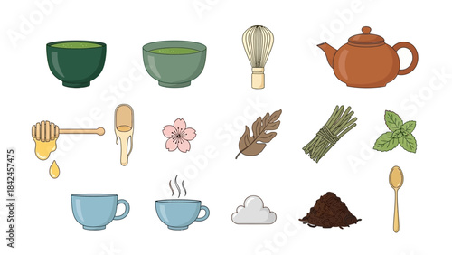 Collection of various tea-related items including matcha bowls, teapot, honey, herbs, and teacups on a white background.