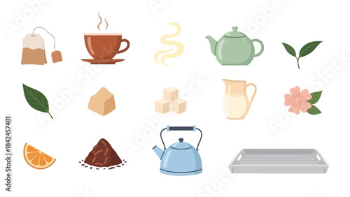 Tea and Coffee Flat Icon Set with Kettle, Cup and Ingredients