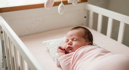 Newborn baby girl sleeping peacefully on a white pillow in a crib with mobile.