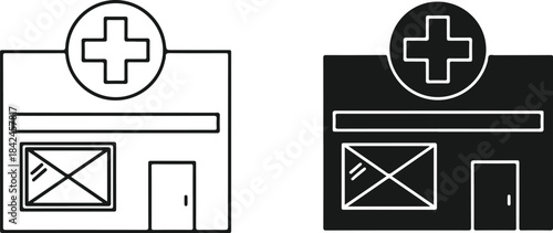 Black and outline hospital building icons with cross sign in vector