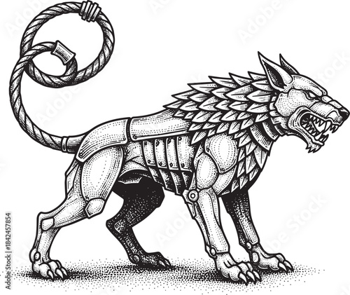 Engraved Armored Guardian Beast with Unique Tail Design Detailed