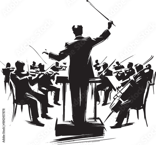 Sumi-e illustration of an orchestra conductor with musicians in