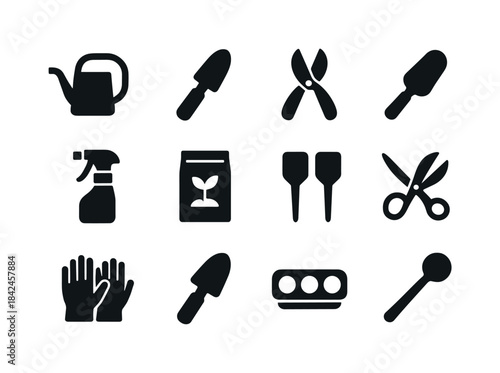 Windowsill Gardening Icons. Windowsill gardening tools. Solid ic