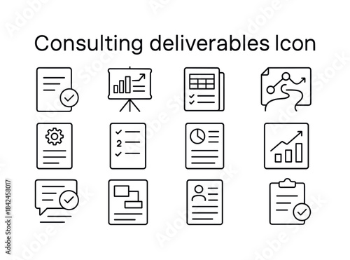 Consulting Icons Grid. Consulting deliverables. Line icon set of