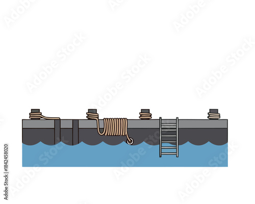 An illustration of a tranquil harbor scene featuring a sturdy dock with bollards, coiled ropes, and a ladder descending into the calm blue water, perfect for maritime themes and water activities