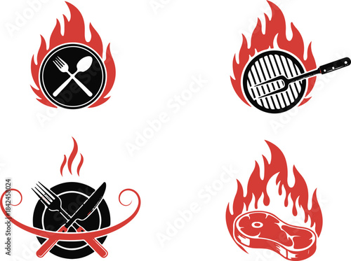 Barbecue grill food icons, flame grilled steak and cutlery elements