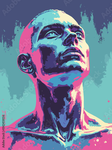 A metallic chrome bust of a man melting, liquid metal textures, studio lighting with pink and teal reflections, 3D abstract art