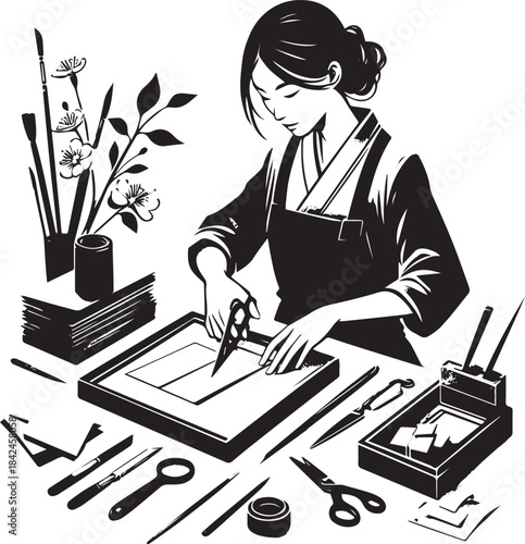 Craftswoman meticulously cutting paper in a Japanese sumi-e mini
