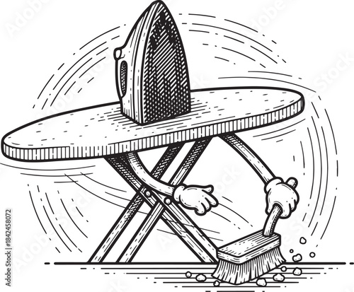 Whimsical Cartoon Illustration of an Ironing Board Cleaning Dust