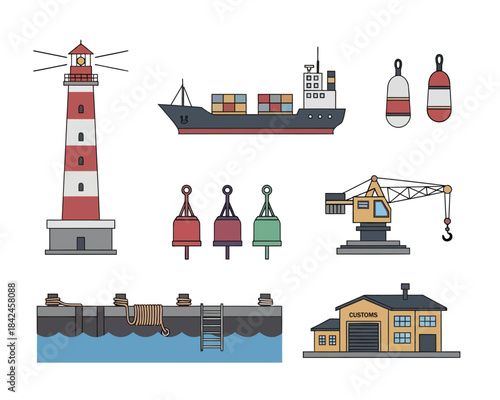 Vector Assets for Modern Maritime Logistics and Coastal Infrastructure Design Projects, Showcasing Essential Harbor Components and Sea Transport Elements in a Flat Style