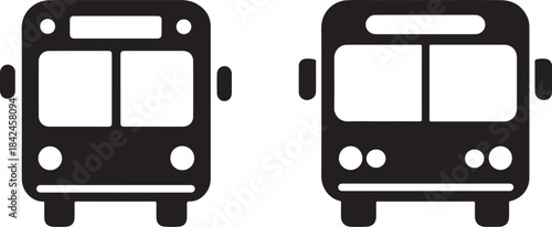 Two black and white icons of a bus, representing public transportation
