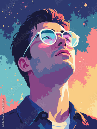 Portrait of a man shot through a glass prism, refracting light, distorted features, rainbow glares, dreamy and experimental photography