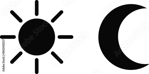 Sun and moon icons set isolated on transparent checkered background