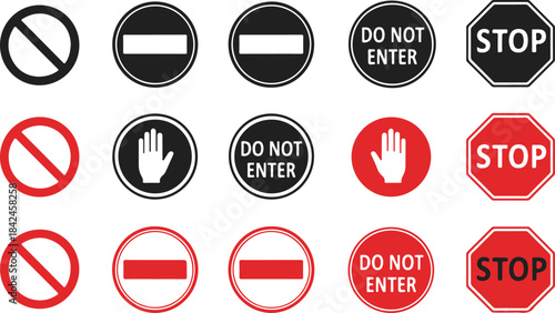 Set of black and red stop signs icons isolated on transparent background