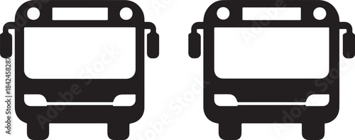 A pair of identical black bus icons viewed from the front on a plain white background

