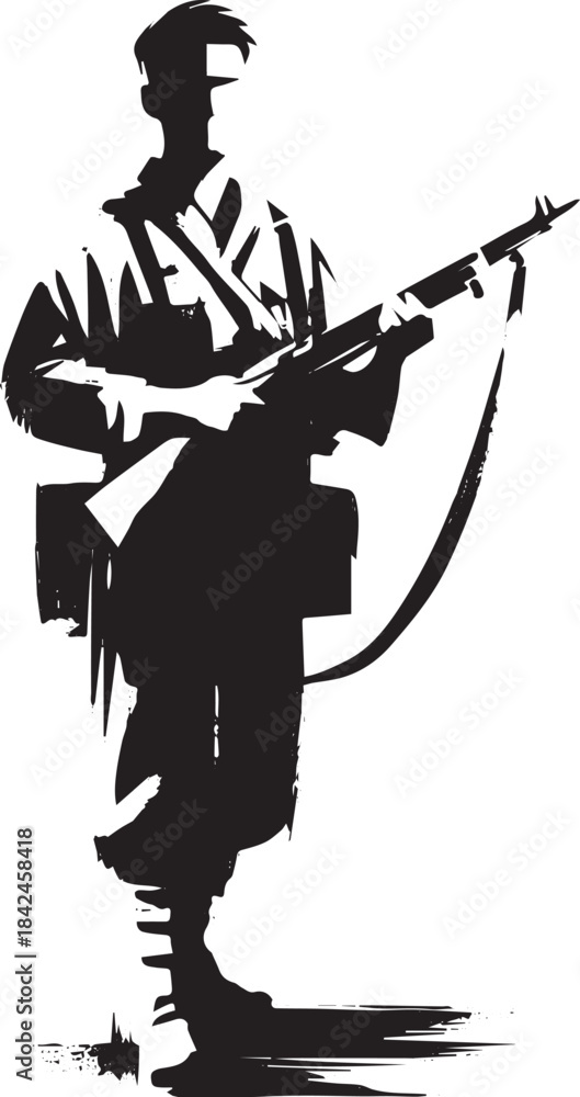 Obraz premium Minimalist Sumi-e depiction of a male soldier holding a rifle in