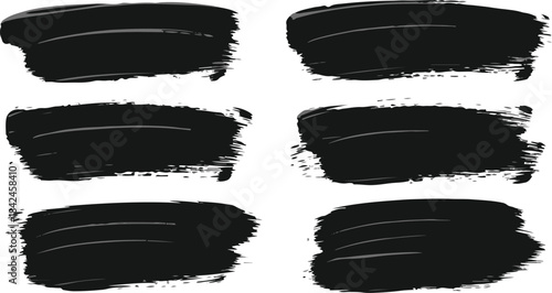 Six black brush strokes artistic paint texture elements transparent background