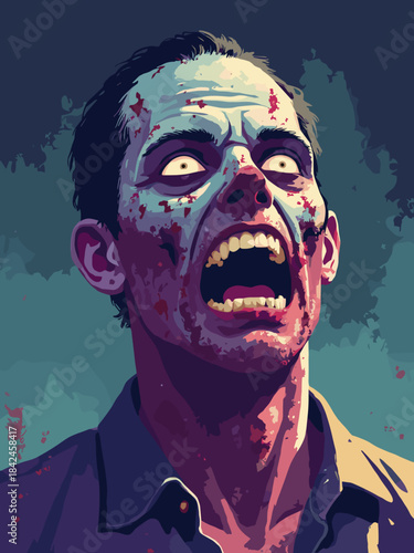 Terrifyingly detailed portrait of a zombie male, rotting skin texture, cinematic horror lighting, dark background, Halloween stock photo