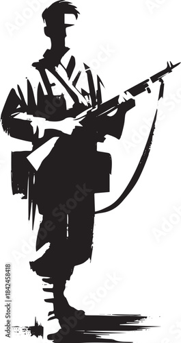 Minimalist Sumi-e depiction of a male soldier holding a rifle in
