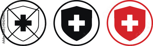 Shield with medical cross icon symbol in multiple styles and colors