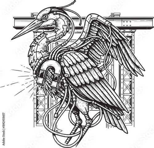 Heron Steampunk: A Detailed Engraving of a Robotic Bird in Indus