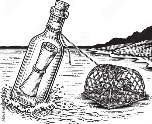 Engraved illustration featuring a message in a bottle connected
