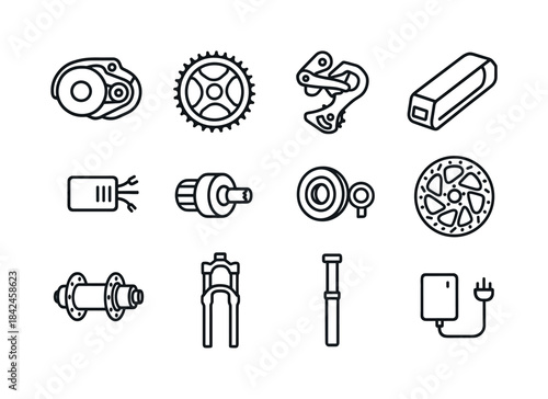 E-Bike Component Icons. E-bike components. Line icon set of e-bi