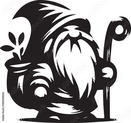 Whimsical dwarf icon in expressive ink wash style, enchanting fo