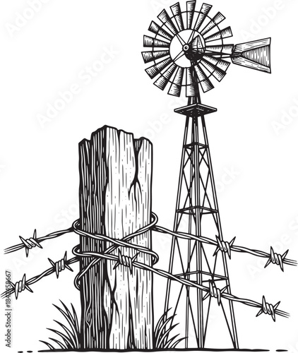 Vintage Farm Engraving: Windmill, Fence Post, and Barbed Wire Il