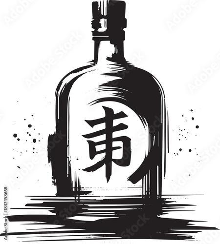 Minimalist monochrome drawing showcasing a spirits bottle with a