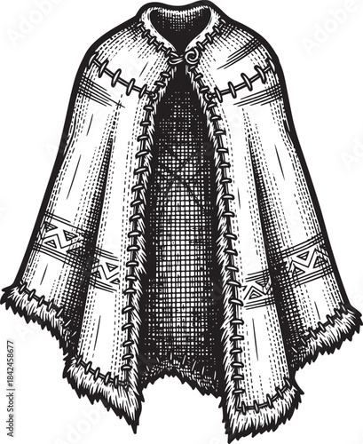 Engraved Illustration of a Traditional Handmade Fur-Trimmed Leat