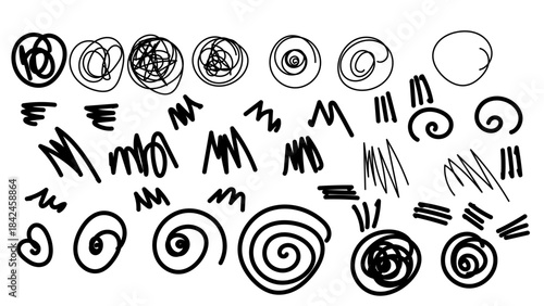 A diverse collection of hand-drawn black abstract scribbles and swirl doodles on white