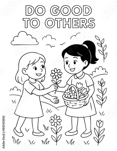 christian kids coloring page vector illustration of two girls sharing flowers with do good to others message for church lessons sunday school activities homeschool crafts and worksheets