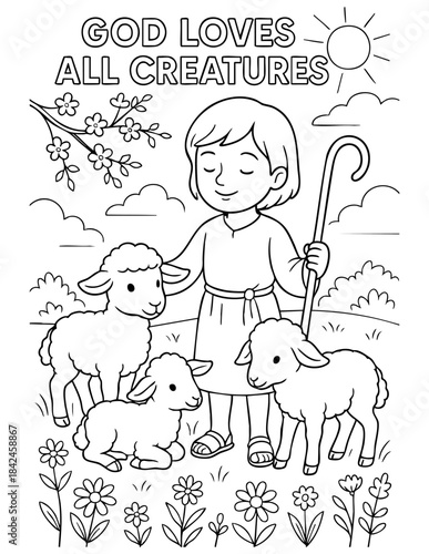 spring christian coloring page vector of a child shepherd with three lambs in a peaceful meadow scene with flowers and sunshine, illustration for kids ministry and sunday school