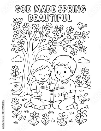spring christian coloring page vector of two kids reading the bible under a blooming tree in a peaceful spring scene, illustration for kids ministry and sunday school