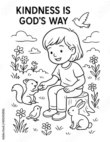 christian kids coloring page vector illustration showing a girl feeding animals with kindness is gods way message for church lessons sunday school homeschool activities and faith worksheets