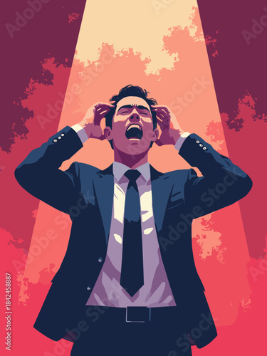 A dramatic studio portrait of a man in a suit screaming in silence, hands gripping his hair, red dramatic backlighting, high contrast, conceptual stock photo for mental health