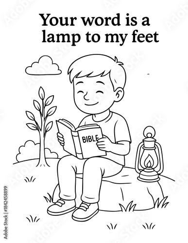 christian coloring page illustration showing a boy reading the bible with a lamp symbolizing gods word perfect for kids bible study sunday school lessons church activities homeschool learning