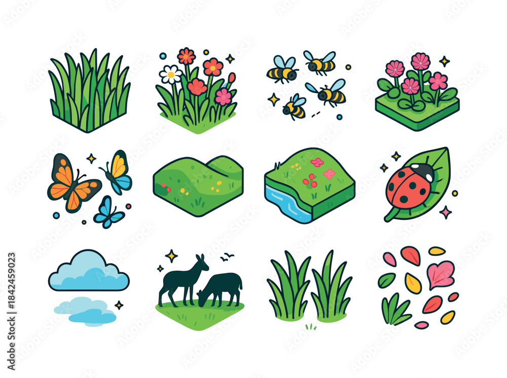 Fototapeta premium Isometric Meadow Icons. Meadow. Colorful isometric vector icons