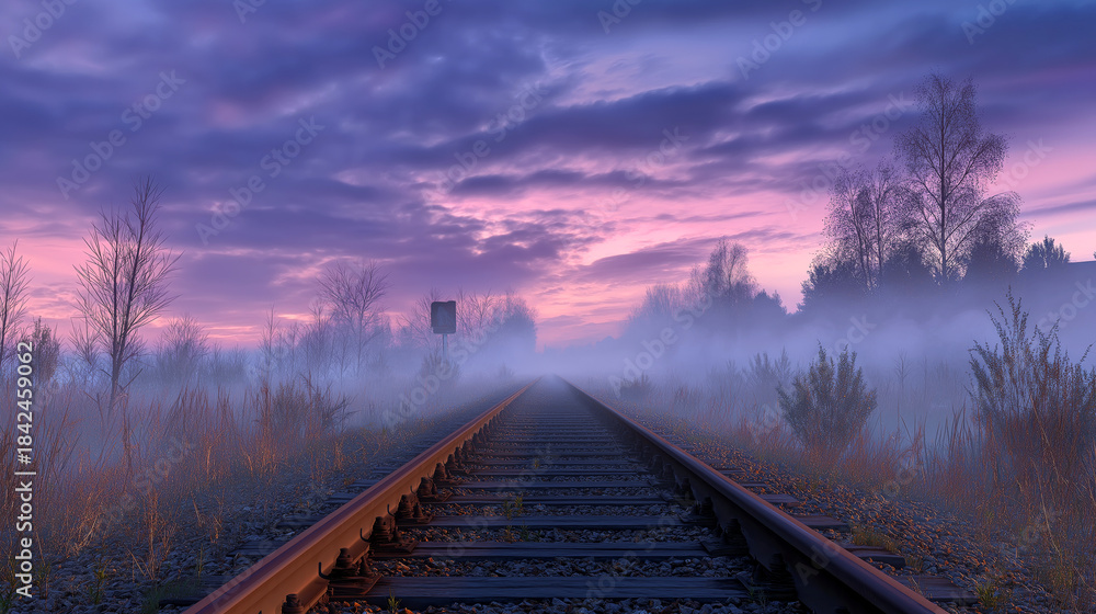 Obraz premium Deserted railway tracks at twilight with glowing mist rising from the ground