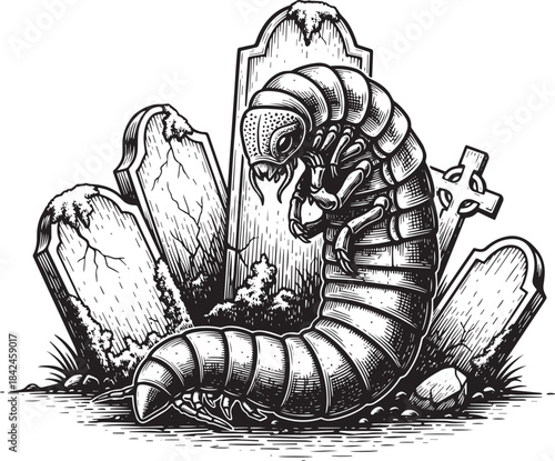 Engraved style creepy crawly worm near tombstones illustration v