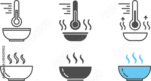 Hot food icons set, steaming bowl, soup, thermometer, warm meal