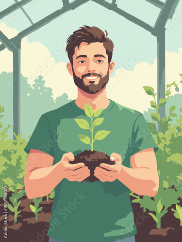 A man in a green shirt holding a small plant with soil in his hands, soft daylight, blurred greenhouse background, focus on sustainability and growth
