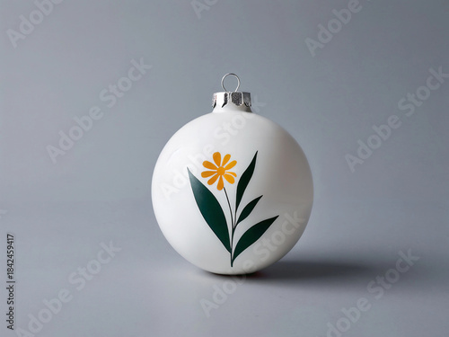 A single white bauble adorned with a stylized yellow daisy and dark green foliage, set against a neutral grey background